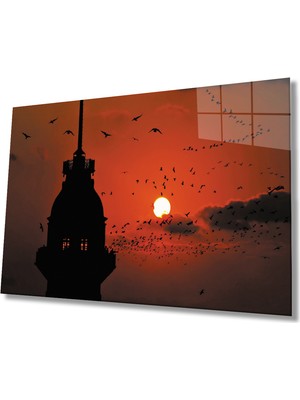 Miray Life Istanbul Gün Batımında Kız Kulesi Martılar   Cam Tablo
