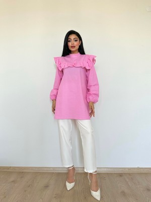 Küçüğüm Butik Pembe Puantiyeli Fırfırlı Uzun Poplin Tunik