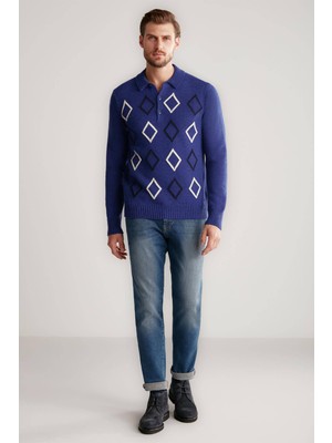 Hemington Baklava Desenli Polo Yaka Lambswool Indigo Mavi Kazak