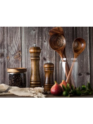Ebulduk Ahşap Baharat Tuz Öğütücü Değirmen Tuzluk Baharatlık 14 cm ve 21 cm 2'li Set Kahverengi