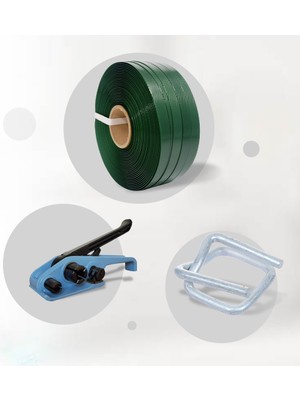 Onur Ambalaj Mini Polyester Set; Pt 15X0,60 200 Metre Yeşil Çember- 16 mm Krom Toka 40 Adet-1 Adet Germe Aparatı