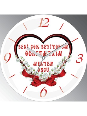 Art Hediye Kişiye Özel Seni Seviyorum Öğretmenim Çap 30CM  Bombeli Gerçek Cam Duvar Saati