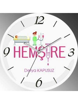 Art Hediye Kişiye Özel Hemşire Çap 30CM  Bombeli Gerçek Cam Duvar Saati