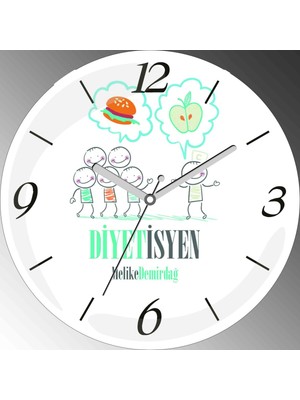 Art Hediye Kişiye Özel Diyetisyen Çap 30CM  Bombeli Gerçek Cam Duvar Saati