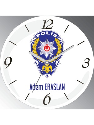 Art Hediye Kişiye Özel Polis Logolu Çap 30CM  Bombeli Gerçek Cam Duvar Saati