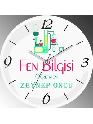 Art Hediye Kişiye Özel Fen Bilgisi Öğretmeni Çap 30CM  Bombeli Gerçek Cam Duvar Saati