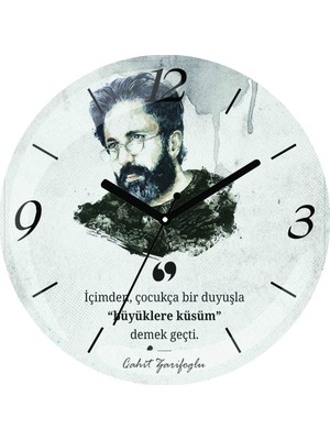 Art Hediye Cahit Zarifoğlu Büyüklere Küsüm Çap 30CM Sessiz Akar Bombeli Gerçek Cam Duvar Saati