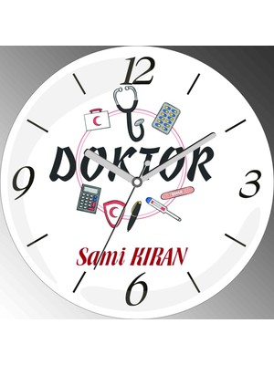 Art Hediye Kişiye Özel Doktor Çap 30CM  Bombeli Gerçek Cam Duvar Saati