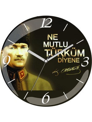 Art Hediye Atatürk Ne Mutlu Türküm Diyene Çap 30CM Sessiz Akar Bombeli Gerçek Cam Duvar Saati