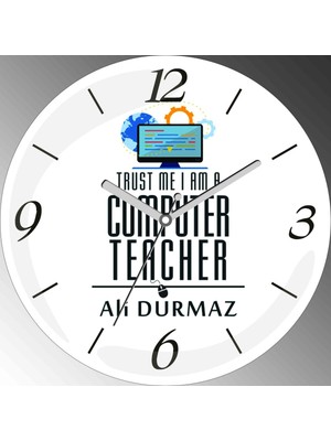 Art Hediye Kişiye Özel Ingilizce Bilgisayar Öğretmeni Çap 30CM  Bombeli Gerçek Cam Duvar Saati
