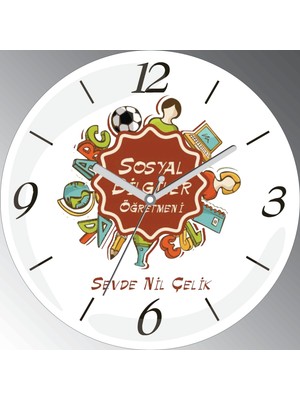 Art Hediye Kişiye Özel Sosyal Bilgiler Öğretmeni Çap 30CM  Bombeli Gerçek Cam Duvar Saati
