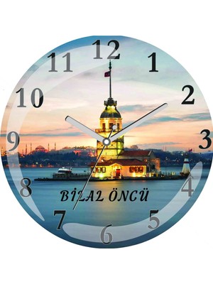 Art Hediye Kişiye Özel Istanbul Kız Kulesi Çap 30CM  Bombeli Gerçek Cam Duvar Saati