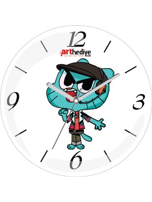 Art Hediye Gumball Anime Çizgi Film Çap 30CM Sessiz Akar Bombeli Gerçek Cam Duvar Saati