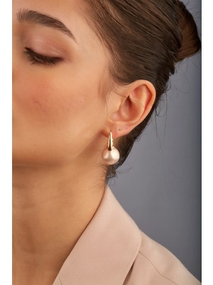 Joy of Jade Barbara Kadın Top Inci Detaylı Halka Küpe, Altın, Pembe Inci