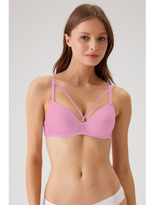 2'li Ekonomik Paket 6511 Oyster Pink Antrasit Balenli Push Up Destekli Micro Sütyen (Slip Hediyeli)