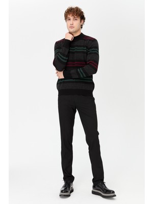 Erkek Yarım Balıkçı Yaka Renkli Çizgili Yün Kazak Siyah