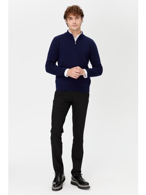 Erkek Yarım Balıkçı Yaka Yakası Fermuarlı Yün Kazak Y.a Lacivert