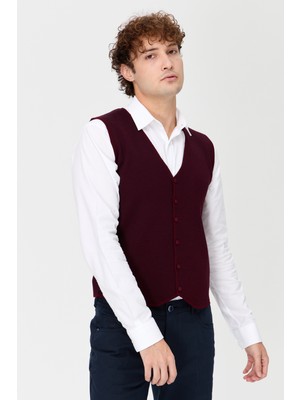 Erkek V Yaka Çift Renkli İnce Triko Yelek Bordo