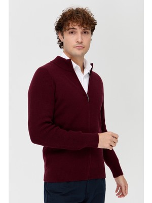 Desen Triko Erkek Hakim Yaka Triko Yün Ceket Bordo
