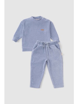Little Gusto Fitilli Kadife Bebek Eşofman Takımı Mavi
