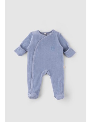Little Gusto Kendinden Eldivenli Patikli Fitilli Kadife Bebek Tulumu Mavi