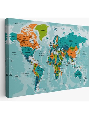 HaritaSepeti Türkçe Dünya Haritası Son Derece Ayrıntılı Eğitici-Öğretici Okyanuslu Dekoratif Kanvas Tablo 2526