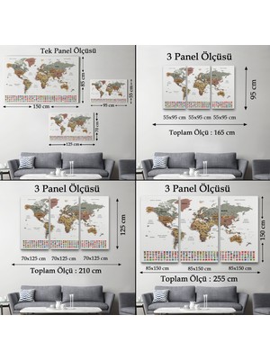 Harita Sepeti Dünya Haritası Son Derece Ayrıntılı Eğitici-Öğretici ve Bayraklı Dekoratif Kanvas Tablo ( Üç Parça )