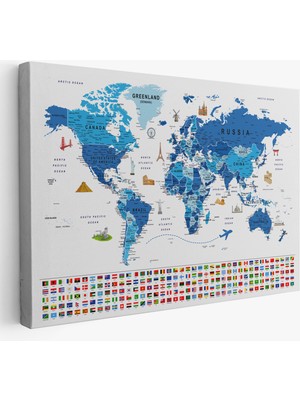 HaritaSepeti Dünya Haritası Ayrıntılı Eğitici-Öğretici Sembollü Bayraklı Dekoratif Kanvas Tablo 2829