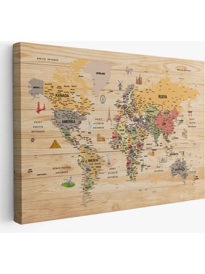 HaritaSepeti Ahşap Görünümlü Türkçe Dünya Haritası Sembollü Eğitici ve Öğretici Dekoratif Kanvas Tablo 2925