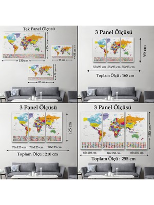 Harita Sepeti Dünya Haritası Son Derece Ayrıntılı Eğitici-Öğretici ve Bayraklı Dekoratif Kanvas Tablo ( Üç Parça )