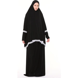Kadın Iki Parça Likra Sandy Kumaş Dantelli Kollu Namaz Elbisesi-Siyah