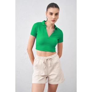 Tena Moda Kadın Benetton Yeşil Polo Yaka Bürümcük Kumaş Crop
