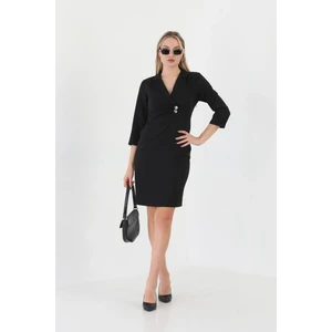 Element's Kadın Lacivert Kruvaze Yaka ve Ön Kısmı Düğme Detaylı Ofis Elbise ETS5221LACI