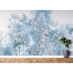 Lotus Aura Kiraz Çiçekleri Desenli Duvar Kağıdı, Beyaz Çiçekli Duvar Resmi