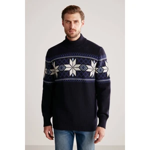 Kar Desenli Yarım Balıkçı Yaka Lambswool Lacivert Kazak