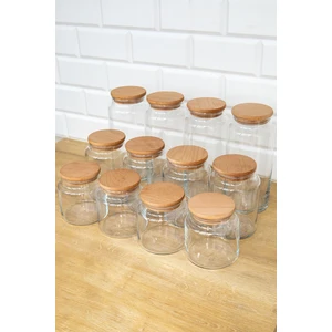 DNS Home 12'li Ahşap Vakum Kapaklı Set 1300 ml - 800 ml - 500 ml Set Cam Kavanoz Saklama Kabı