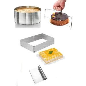4 Parça Kek Pasta Yapma Seti, Ayarlanabilir Yuvarlak Kare Kek Kalıbı, Çelik Kazıyıcı Spatula