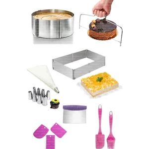 10 Adet Pasta Kek Yapım Seti, Ayarlanabilir Kek Kalıpları, Krema Torbası, Kazıyıcı, Spatula Fırça