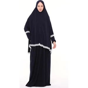 Kadın Iki Parça Likra Sandy Kumaş Dantelli Kollu Namaz Elbisesi-Lacivert