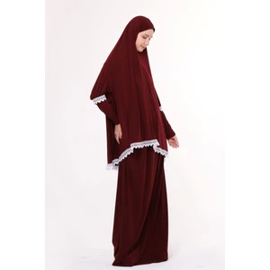 Kadın Iki Parça Likra Sandy Kumaş Dantelli Kollu Namaz Elbisesi-Bordo