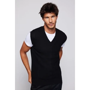 Erkek Slim Fit V Yaka Kendinden Desenli Siyah Süveter