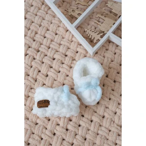 Bebek Yenidoğan Ayakkabısı 0-3M Su Yeşil Fiyonklu Beyaz Unisex Şirin Patik Puffy Alize İp Organik Sertifika