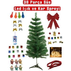 Yılbaşı Çam Ağaç Seti 120 cm Ağaç +Led Işık + Kar Spreyi + 38 Adet Süs + Tepelik Fiyonk