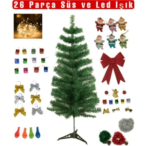 Yılbaşı Çam Ağacı Seti 120 Cm+26 PARÇA KARIŞIK SÜS+LED IŞIK+SİMLİ ŞERİT SÜS+TEPELİK FİYONK SÜSÜ