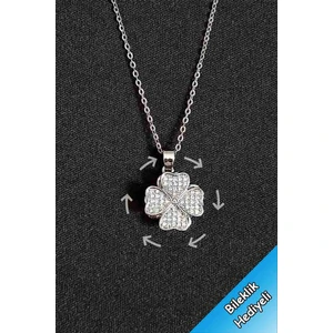 Trend Collection Zirkon Taşlı Dönen Kristal Yonca Paslanmaz Çelik Gümüş Zincir Kadın Kolye