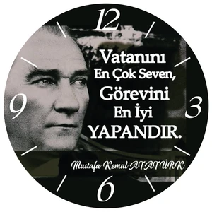 Art Hediye Atatürk Vatanını En Çok Seven Görevini En Iyi Yapandır Çap 30CM Sessiz Akar Bombeli Gerçek Cam Duvar Saati