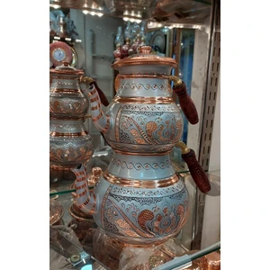 Bakır Center Bakır Çaydanlık El Işlemesi Çiçek Desenli Gri Gümüş Renk Işlemeli Büyük Aile Boy Bakır Demlik