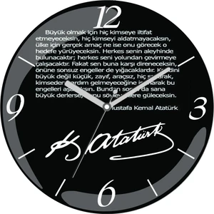 Art Hediye Atatürk Kimseye Iltifat Etmeyeceksin Çap 30CM Sessiz Akar Bombeli Gerçek Cam Duvar Saati