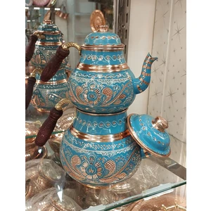 Bakır Center Bakır Çaydanlık El Işlemesi Çiçek Desenli Turkuaz Renk Işlemeli Büyük Aile Boy Bakır Demlik