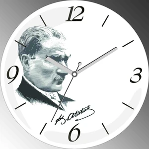 Art Hediye Atatürk Silüet Imza Zemin Beyaz Çap 30CM Sessiz Akar Bombeli Gerçek Cam Duvar Saati